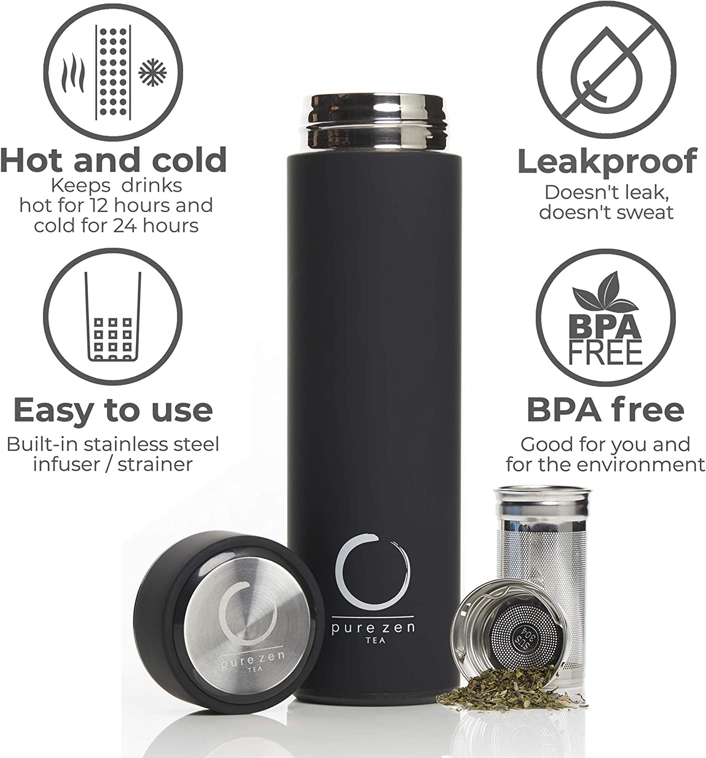 Thermos with Infuser for Hot and Cold Infusions, Coffee and Fruit-Infused Water - Stainless Steel - Tea Infuser Bottle - Leakproof Travel Mug with Filter - 15Oz - Black