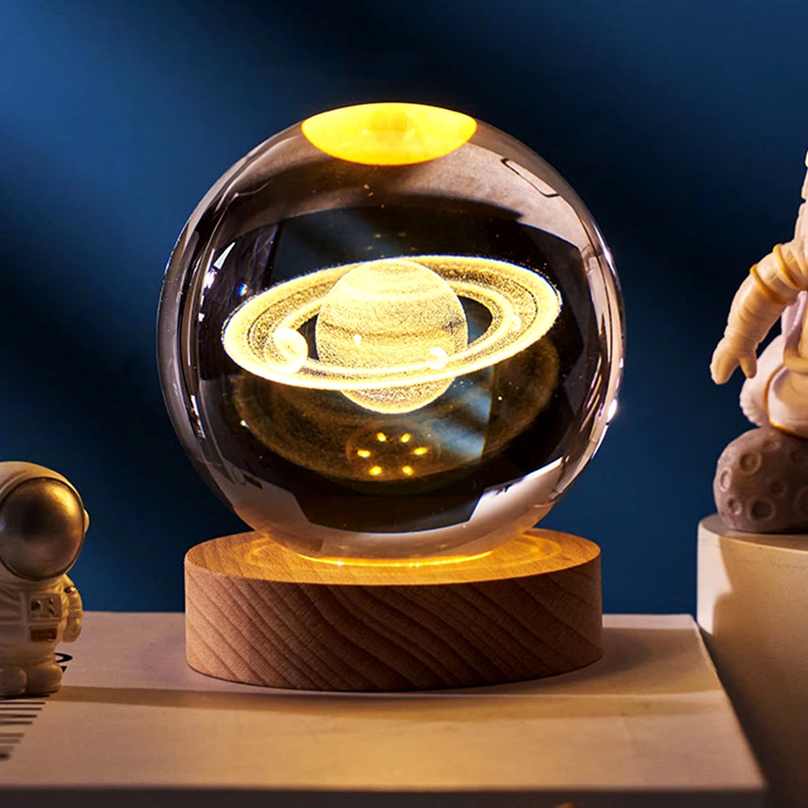 1Pc Saturn Crystal Ball Decoration Night Light, Wooden Base, USB Port, Bedroom Atmosphere Decoration, Holiday Gift Table Light.