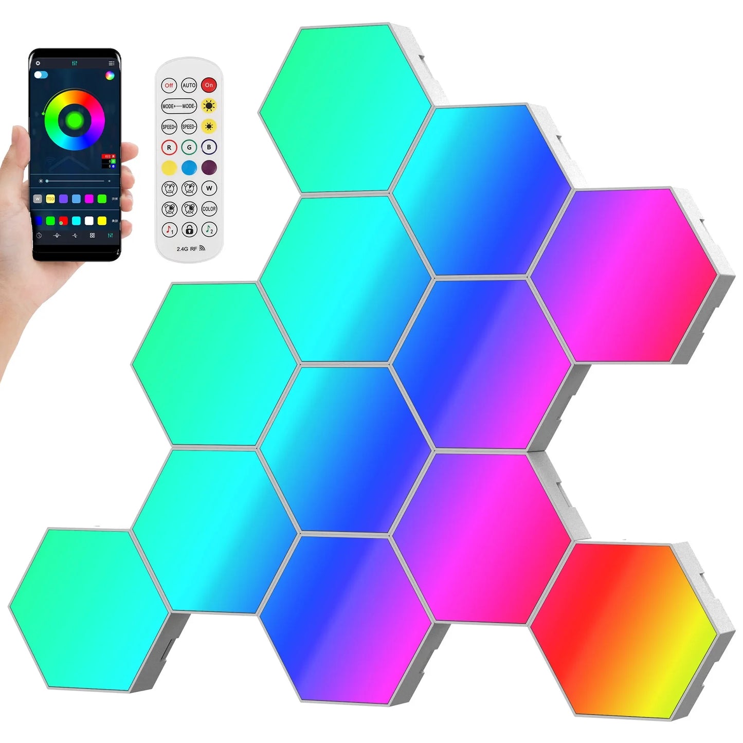 Hexagonal LED Wall Light 12 Count with USB Cable, Remote Control, User Manual, Adhesive Tape and Connecting Piece