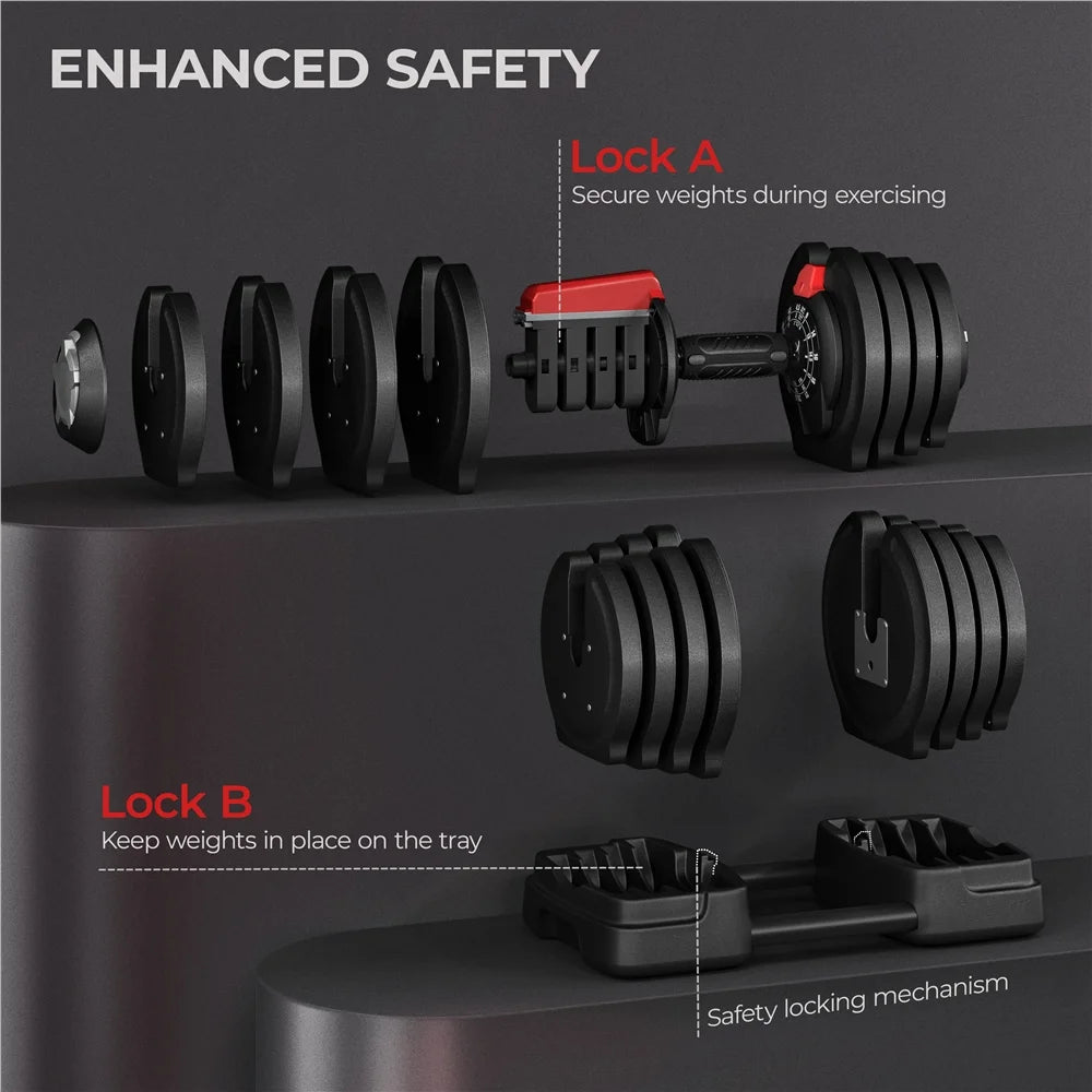 3-In-1 Quick-Adjustable Dumbbell Weight Set, Black, 46.41 Lb